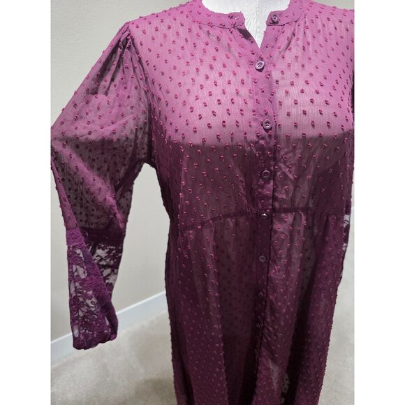 Sheer Plum Button-Front Textured Tunic Dress With Lace Sleeves Women's M/L - Picture 2 of 9